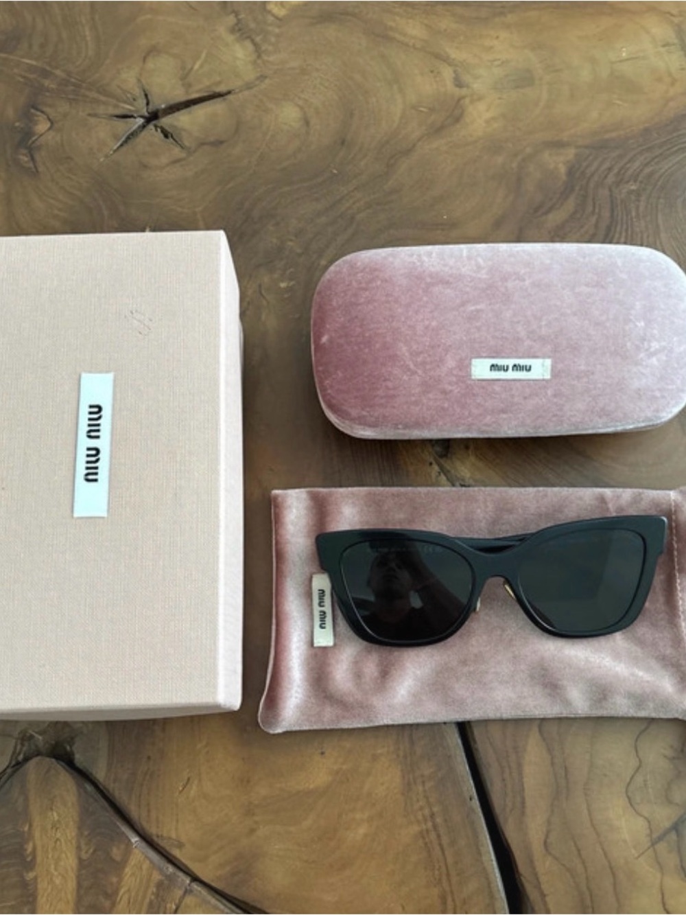 Miu Miu Black Cat-Eye Sunglasses with Pink Velvet Case and Pouch